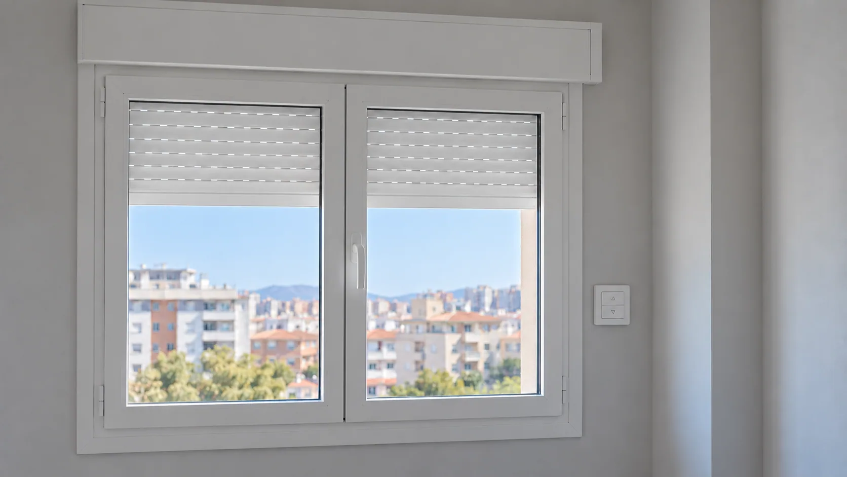 Persiana blanca a juego con la ventana de dos hojas, parcialmente bajada, con un pulsador en la pared derecha y sin cinta manual. Ejemplo ilustrativo.